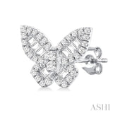 1/2 ctw Butterfly Petite Baguette and Round Cut Diamond Fashion Stud Earring in 14K White Gold
