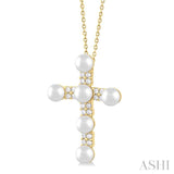 4 MM Cross Cultured Pearl and 1/5 ctw Round Cut Diamond Semi Precious Fashion Pendant With Chain in 10K Yellow Gold