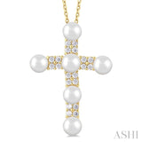 4 MM Cross Cultured Pearl and 1/5 ctw Round Cut Diamond Semi Precious Fashion Pendant With Chain in 10K Yellow Gold