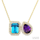 8X6 MM Emerald Cut Blue Topaz and Pear Cut Amethyst and 1/3 ctw Toi Et Moi Round Cut Diamond Semi Precious Fashion Pendant With Chain 14K Yellow Gold