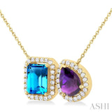 8X6 MM Emerald Cut Blue Topaz and Pear Cut Amethyst and 1/3 ctw Toi Et Moi Round Cut Diamond Semi Precious Fashion Pendant With Chain 14K Yellow Gold