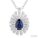 6X4 MM Pear Cut Sapphire and 1/3 Ctw Starburst Round Cut Diamond Precious Pendant With Chain in 14K White Gold