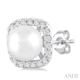 5 MM Cushion-Shaped Cultured Pearl and 1/8 Ctw Petite Round Cut Diamond Halo Stud Earring in 10K White Gold
