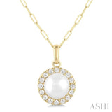 6 MM Cultured White Pearl and 1/6 Ctw Single Cut Diamond Halo Pendant With Chain in 14K Yellow Gold