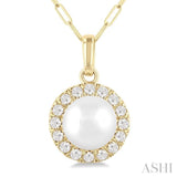6 MM Cultured White Pearl and 1/6 Ctw Single Cut Diamond Halo Pendant With Chain in 10K Yellow Gold