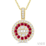 1.35 MM Round Shape Ruby and 1/4 ctw Baguette and Round Cut Diamond Precious Pendant With Chain in 14K Yellow Gold