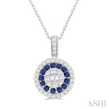 1.35 MM Round Shape Sapphire and 1/4 ctw Baguette and Round Cut Diamond Precious Pendant With Chain in 14K White Gold
