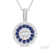 1.35 MM Round Shape Sapphire and 1/4 ctw Baguette and Round Cut Diamond Precious Pendant With Chain in 14K White Gold