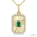 4X3 MM Octagon Shape Emerald and 1/8 Ctw Round Cut Diamond Precious Fluted Medallion Pendant in 10K Yellow Gold with Chain