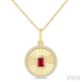 4X3 MM Octagon Shape Ruby and 1/8 Ctw Single Cut Diamond Precious Fluted Medallion Pendant in 10K Yellow Gold with Chain