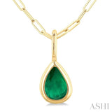 6x4 MM Bezel Set Pear Cut Emerald Precious Fashion Pendant With Paperclip Chain in 14K Yellow Gold
