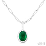6x4 MM Bezel Set Oval Cut Emerald Precious Fashion Pendant With Paperclip Chain in 10K White Gold