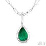 6x4 MM Bezel Set Pear Cut Emerald Precious Fashion Pendant With Paperclip Chain in 10K White Gold