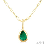 6x4 MM Bezel Set Pear Cut Emerald Precious Fashion Pendant With Paperclip Chain in 10K Yellow Gold