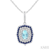 7x5 MM Oval Cut Aquamarine, 1.25MM Sapphire and 1/3 Ctw Round Cut Diamond Halo Precious and Semi-Precious Fashion Pendant With Chain in 14K White Gold