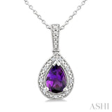 7X5 MM Pear Shape Amethyst and 1/50 Ctw Round Cut Diamond Semi-precious Pendant With Chain in Sterling Silver