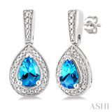 6X4 MM Pear Shape Blue Topaz and 1/50 Ctw Round Cut Diamond Semi-Precious Earrings in Sterling Silver