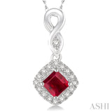 4x4 MM Cushion Cut Ruby and 1/10 Ctw Round Cut Diamond Pendant in 14K White Gold with Chain