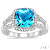 8x8 MM Cushion Cut Blue Topaz and 1/4 Ctw Round cut Diamond Ring in 10K White Gold