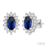 1/5 Ctw Round Cut Diamond and Oval Cut 5x3mm Sapphire Center Sunflower Precious Earrings in 10K White Gold