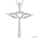 1/10 Ctw Angel Wing & Heart Round Cut Diamond Cross Pendant With Chain in 10K White Gold