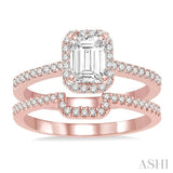 7/8 ctw Round Cut Diamond Wedding Set With 3/4 ctw Emerald Cut Engagement Ring and 1/6 ctw Trough Shape Wedding Band in 14K Rose Gold