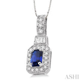 7x5mm Octagon Cut Sapphire and 1/2 Ctw Round and Baguette Cut Diamond Pendant in 14K White Gold with Chain