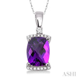9x7MM Cushion Cut Amethyst and 1/10 Ctw Round Cut Diamond Pendant in 14K White Gold with Chain
