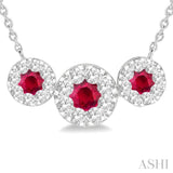5/8 ctw Tri Stone 3.80MM & 3MM Ruby and Round Cut Diamond Precious Necklace in 14K White Gold