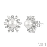 1/6 Ctw Floral 6MM Round Cultured Pearls & Round Cut Diamond Earring in 10K White Gold