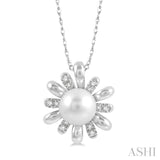 1/10 Ctw Floral 7MM Round Cultured Pearl & Round Cut Diamond Pendant With Chain in 10K White Gold