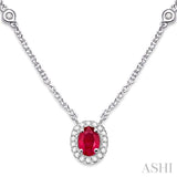 6X4MM Oval Cut Ruby and 1/6 Ctw Round Cut Diamond Necklace in 14K White Gold