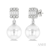 1/10 ctw 6x6MM Cultured Pearls, Baguette and Round Cut Diamond Earring in 14K White Gold