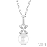 1/50 ctw Petite Floral Round Cut Diamond and 6X6MM Cultured Pearl Fashion Pendant With Chain in 10K White Gold