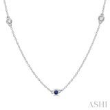 3/8 ctw Round Cut Diamond and 2.6MM Sapphire Precious Station Necklace in 14K White Gold