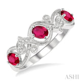 1/20 ctw Entwined Open Lattice 4x3MM Oval Cut Ruby and Round Cut Diamond Precious Wedding Band in 14K White Gold