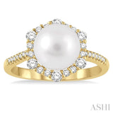 8X8MM Cultured Pearl and 1/3 Ctw Hexagon Shape Round Cut Diamond Ring in 14K Yellow Gold