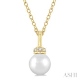 1/20 ctw Petite 6X6MM Cultured Pearl and Round Cut Diamond Crown Fashion Pendant With Chain in 10K Yellow Gold