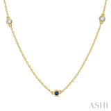 3/8 ctw Round Cut Diamond and 2.6MM Sapphire Precious Station Necklace in 14K Yellow Gold