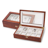 Luxury Giftware High Gloss Rosewood Finish Veneer Beveled Glass Lid Locking Wooden 10-Watch Case