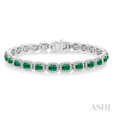 2 1/5 ctw 4X3MM Emerald and Round Cut Diamond Halo Precious Tennis Bracelet in 14K White Gold