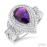 1/20 ctw Pear Cut 10X7MM Amethyst and Round Cut Diamond Semi Precious Ring in Sterling Silver