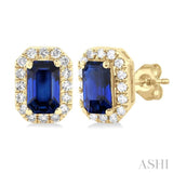 1/8 ctw Round Cut Diamond and 5X3MM Octagonal Shape Sapphire Halo Precious Stud Earrings in 14K Yellow Gold