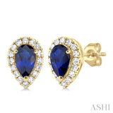 1/8 ctw Round Cut Diamond and 5X3MM Pear Cut Sapphire Halo Precious Stud Earrings in 14K Yellow Gold