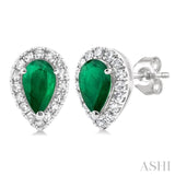1/8 ctw Round Cut Diamond and 5X3MM Pear Cut Emerald Halo Precious Stud Earrings in 10K White Gold