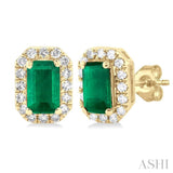 1/8 ctw Round Cut Diamond and 5X3MM Octagonal Shape Emerald Halo Precious Stud Earrings in 10K Yellow Gold