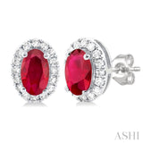 1/8 ctw Round Cut Diamond and 5X3MM Oval Shape Ruby Halo Precious Stud Earrings in 10K White Gold