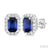 1/8 ctw Round Cut Diamond and 5X3MM Octagonal Shape Sapphire Halo Precious Stud Earrings in 10K White Gold
