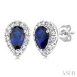 1/8 ctw Round Cut Diamond and 5X3MM Pear Cut Sapphire Halo Precious Stud Earrings in 10K White Gold