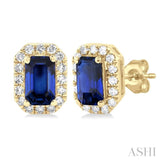 1/8 ctw Round Cut Diamond and 5X3MM Octagonal Shape Sapphire Halo Precious Stud Earrings in 10K Yellow Gold